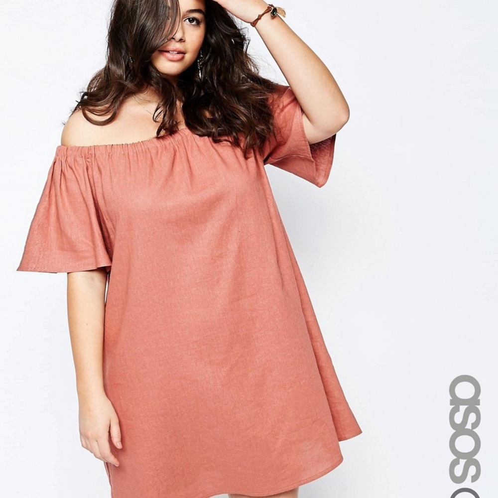 ASOS CURVE Off Shoulder Dusty Pink Dress in Linen